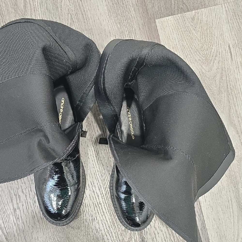 Andre Assous Viva Patent Knee High Boots Black Crinkle Patent Stretch Back - Picture 8 of 13